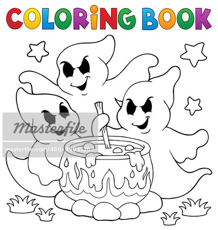 Coloring book ghosts stirring potion - eps10 vector illustration.