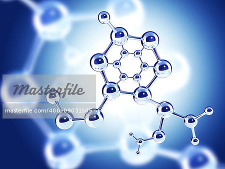 Abstract molecular structure with glass material. On blue background. 3d render