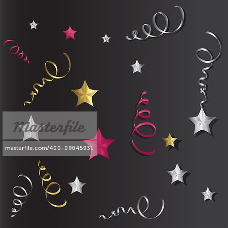 Tinsel and stars set for cards and gift paper. Black and colored