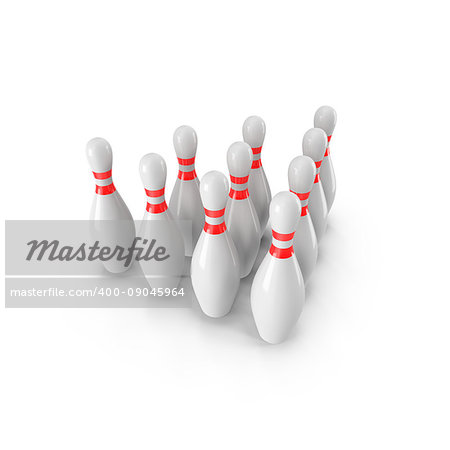 Group of Bowling Pins Isolated on White Background with shadow. 3D rendering. 3d render. For logo, advertising, wallpaper, print etc. side  view with perspective