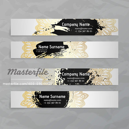 Set of vector design templates. Business card with floral circle ornament. Mandala style. Luxury gold. Ink blots