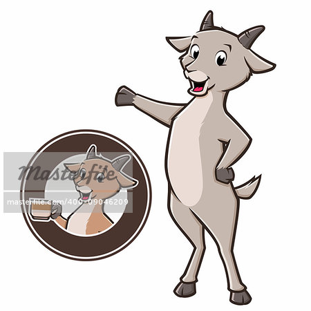 Cartoon goat standing and holding coffe mug in a circular badge