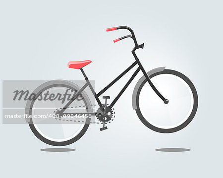 Black bike with red seat isolated on grey background. Illustration in cartoon style.