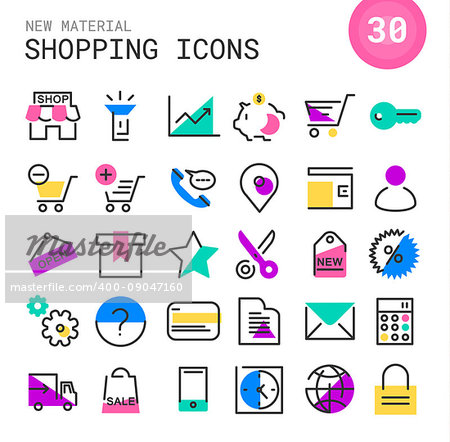 Modern flat shopping line thin colored icons in bright colored retro 80s, 90s style