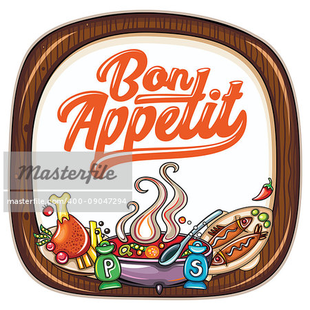 Vector food frame. Kitchen wooden chopping board. Bon appetit lettering. Fried chicken and fries, fish and chips, hot oriental wok pan, fresh mushroom Salt and pepper. Restaurant or bar banner menu