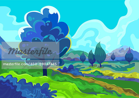 Landscape with a green meadow, trees and mountains. Vector illustration