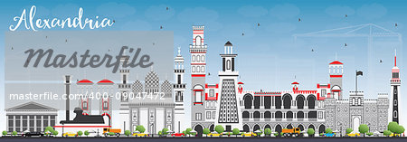 Alexandria Skyline with Gray Buildings and Blue Sky. Vector Illustration. Business Travel and Tourism Concept with Historic Architecture. Image for Presentation Banner Placard and Web Site