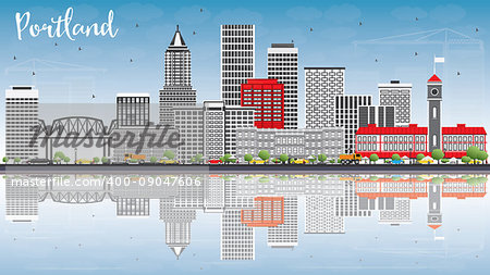 Portland Skyline with Gray Buildings, Blue Sky and Reflections. Vector Illustration. Business Travel and Tourism Concept with Modern Architecture. Image for Presentation Banner Placard and Web Site.