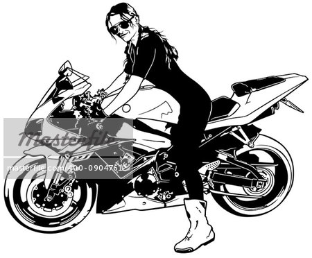 Sexy Woman in Sunglasses Sitting on a Sport Motorcycle - Black and White Illustration, Vector