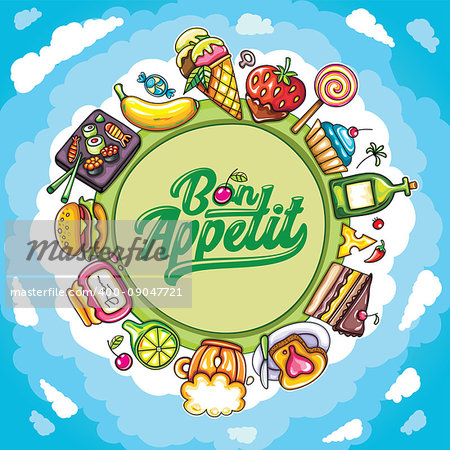 Vector cartoon frame: Food and drink planet with delicious meal icons.  Place for your text. Bon appetit lettering. Tasty illustration: for cafe banners, restaurant cards, and food court specials