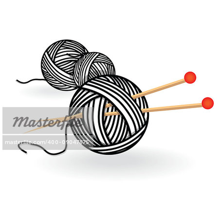 Hand drawn sketch yarn ball with needles for knitting. Vector black and white vintage illustration