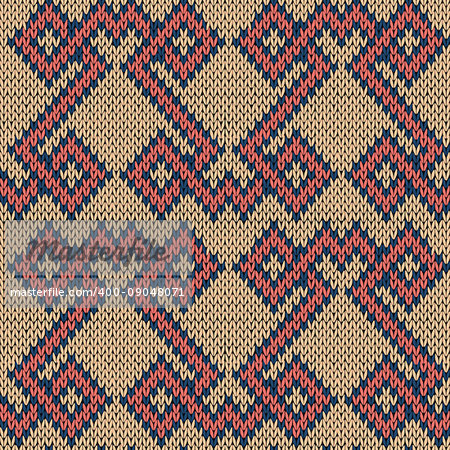 Knitting seamless geometric ornate vector pattern in beige, red and blue colors