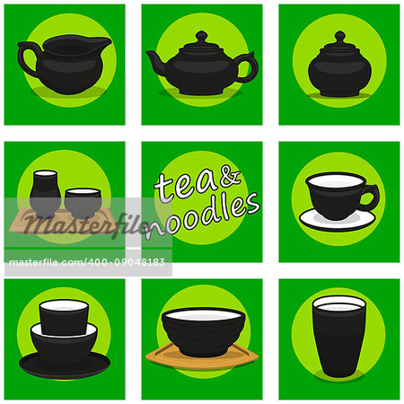 Chinese utensils vector set. Tea and noodles.