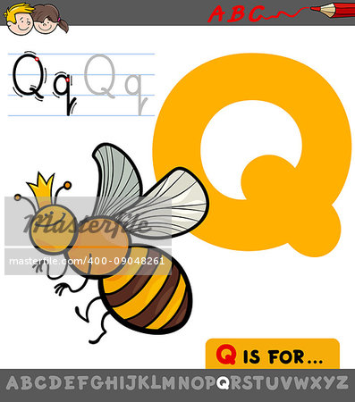 Educational Cartoon Illustration of Letter Q from Alphabet with Queen Bee Insect Character for Children