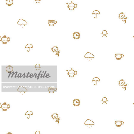 English tea party simple gold on white line icons vector pattern. Teapot, cup, umbrella and clouds seamless background.