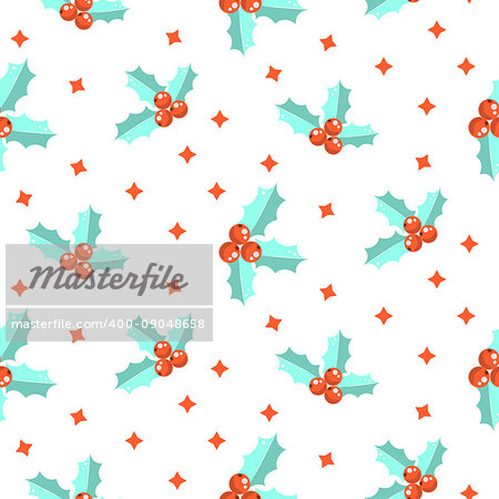 New Year holly berry simple seamless vector pattern. Mint small plant scrapbook paper design. White background.