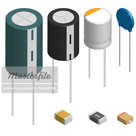 Set of capacitors of different shapes isolated on white background. Elements design of electronic components. 3D isometric style, vector illustration.