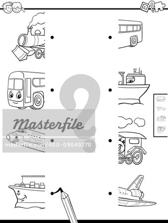 Black and White Cartoon Illustration of Educational Game of Matching Halves with Transportation Characters Coloring Page