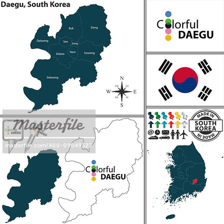 Vector map of Daegu - Metropolitan City with flags and location on South Korean map