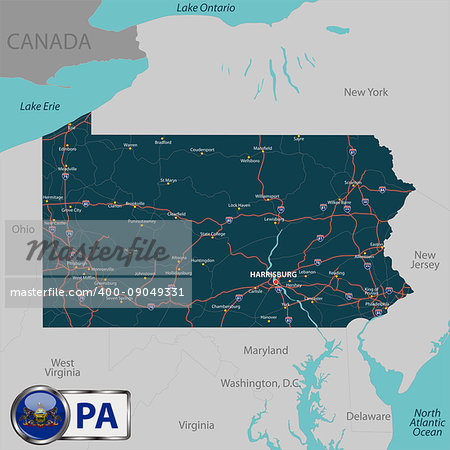 Vector set of Pennsylvania state with roads map, cities and neighboring states