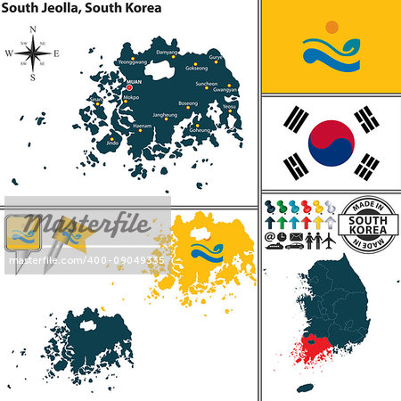 Vector map of province of South Jeolla with flags and location on South Korean map