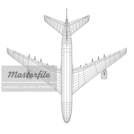 Top view of airplane in wire-frame style. EPS 10 vector format. Vector rendering of 3d