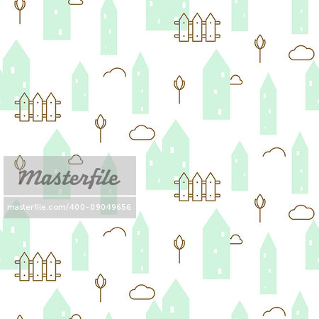 Pastel mint houses baby fabric seamless vector pattern. Scandinavian style cute buildings with line gold details for kid apparel, bed linen and clothing.