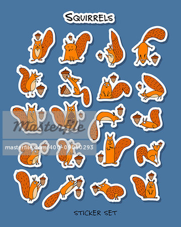 Funny squirrels, sticker set for your design. Vector illustration
