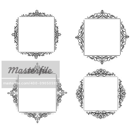 Vintage vector swirl square frame set black on white