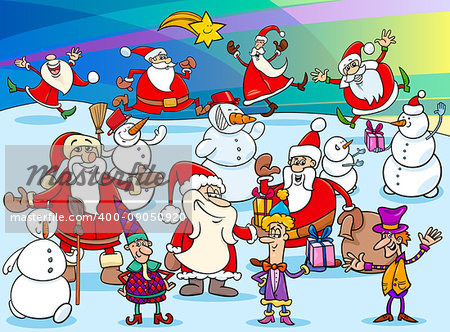 Cartoon Illustration of Santa Claus and Christmas Characters Group