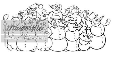 Black and White Cartoon Illustration of Funny Snowmen Fantasy Characters Group Coloring Book