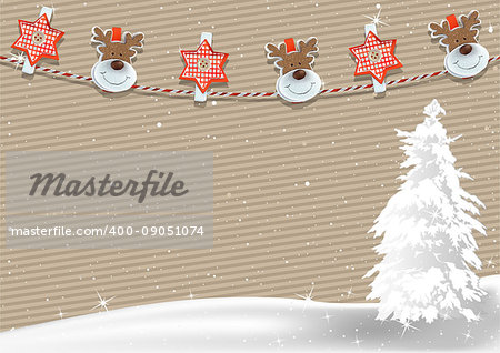 Christmas Background with Striped Paper and Clothespin Decoration on a Rope - Xmas Illustration, Vector
