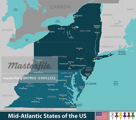 Vector map of Mid Atlantic states of the United States with neighboring states