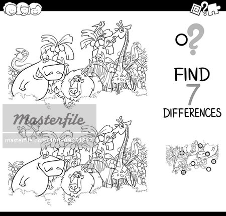 Black and White Cartoon Illustration of Find the Differences Between Pictures Educational Activity Game for Children with Safari Animal Characters Group Coloring Book Black and White Cartoon Illustration of Find the Differences Between Pictures Educational Activity Game for Children with Safari Animal Characters Group Coloring Book