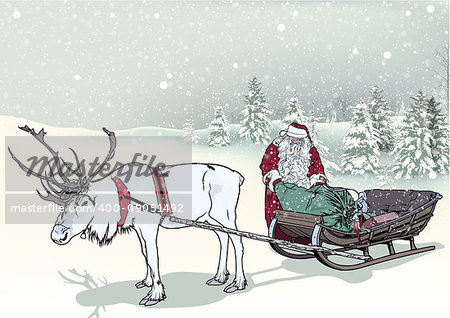 Winter Landscape and Santa Claus with Sledge and Reindeer - Christmas Background Illustration, Vector