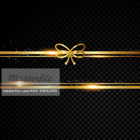 Two golden lines with bow. Isolated on black transparent background. Vector illustration banner