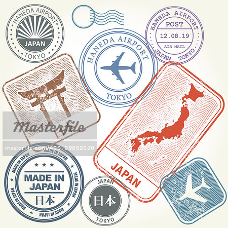 Travel stamps set Japan and Tokyo theme (with inscription Japan on Japanese  language)