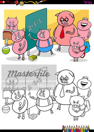 Cartoon Illustration of Piglets Animal Characters at School Coloring Book Activity