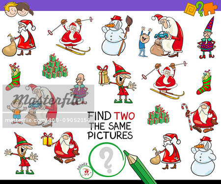 Cartoon Illustration of Finding Two Identical Pictures Educational Activity Game for Children with Christmas Holiday Characters