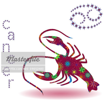 Zodiac sign Cancer, claret vector silhouette with stylized multicolor stars isolated on the white background