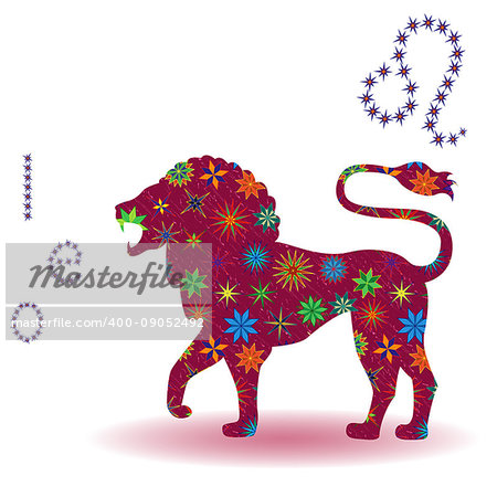 Zodiac sign Leo, claret vector silhouette with stylized multicolor stars isolated on the white background