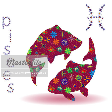 Zodiac sign Pisces, claret vector silhouette with stylized multicolor stars isolated on the white background