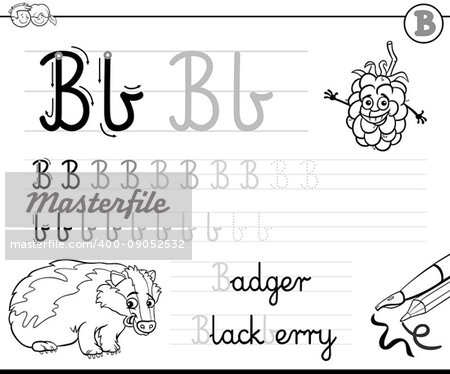 Black and White Cartoon Illustration of Writing Skills Practice with Letter B Worksheet for Preschool and Elementary Age Children Coloring Book