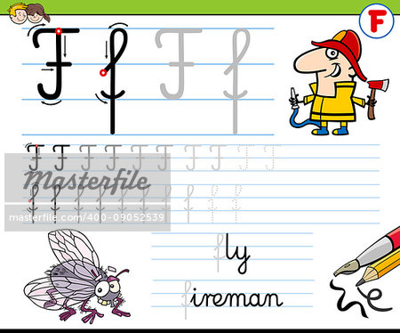 Cartoon Illustration of Writing Skills Practice with Letter F Worksheet for Preschool and Elementary Age Children