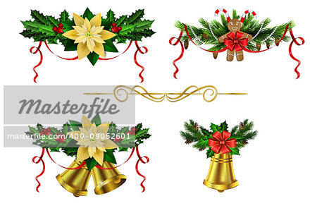 Christmas decoration set with evergreen trees and bells vector