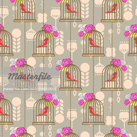 Bird cage romantic seamless vector pattern roses wallpaper. Birdcage taupe and blue pastel floral repeat background for card, invitation and paper.