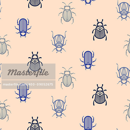 Blue line style beetle vector seamless pattern for print. Simple insect pink background.