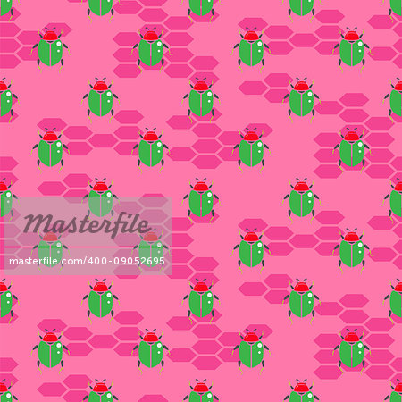 Green beetle on bright pink vector seamless pattern for print. Cartoon kid insect background.