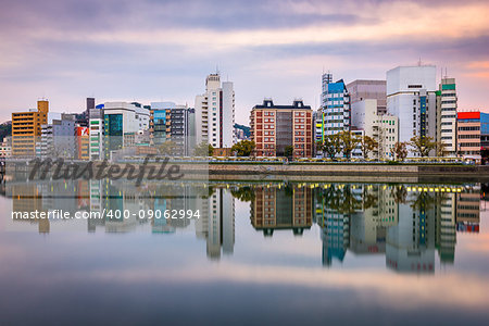 Hiroshima, Japan city skyline on the river.