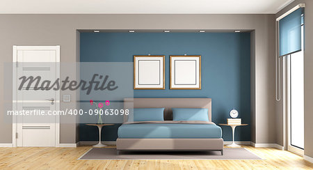 Blue and brown modern bedroom with double bed,closed door and window - 3d rendering